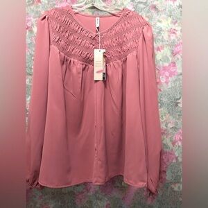 NWT Women Trendy Round Neck Smocked Blouse Pink Size XL